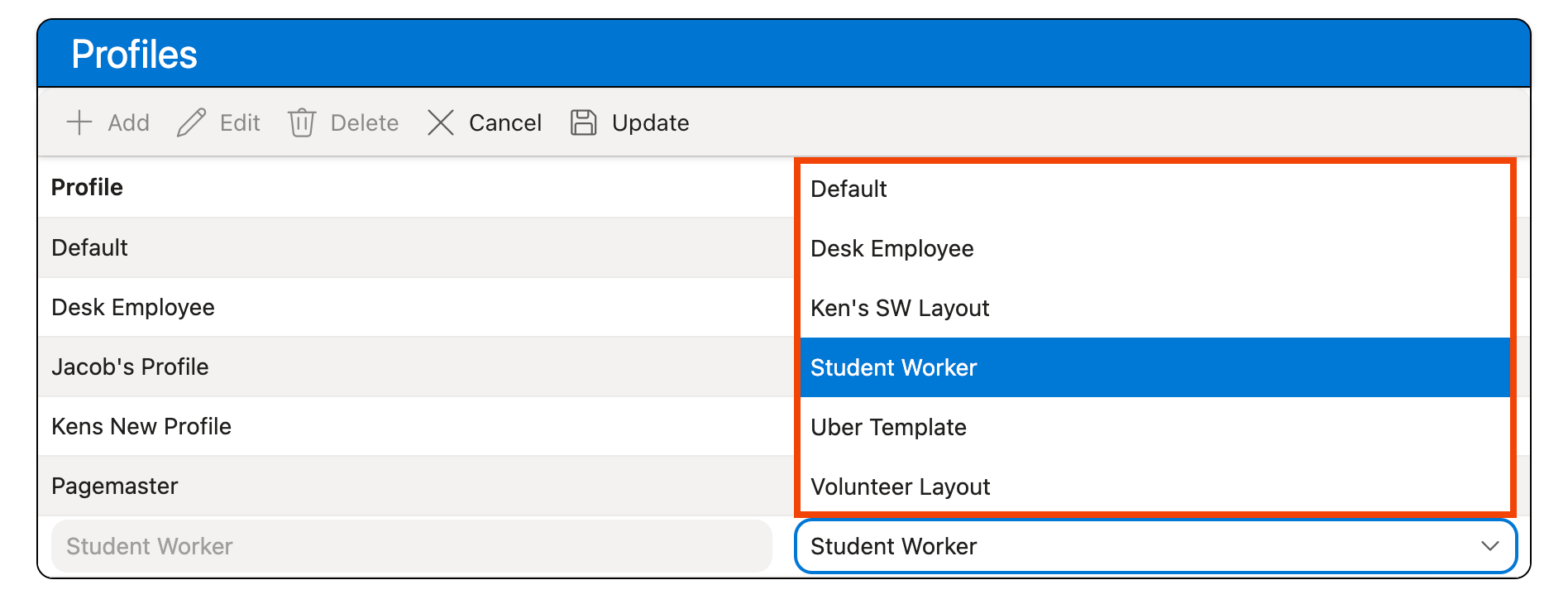 Layout dropdown menu